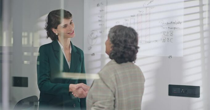 Young expert girl staff older boss female team talk speak shake hand do deal pass indoor glass office happy old age elder recruit lady hire help to get first career job adult woman join new work place