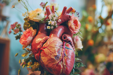 Naklejka premium Floral romantic anatomical human heart