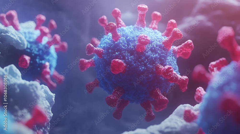 Poster a 3d representation of a virus, showcasing its structure and surface features.
