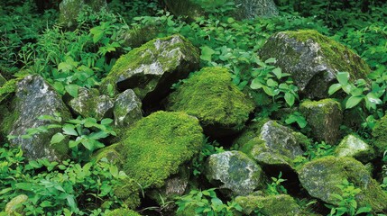 Lush Green Moss Blanketing Rocks in Enchanted Forest: A Macro View of Ecosystem's Intricate Details