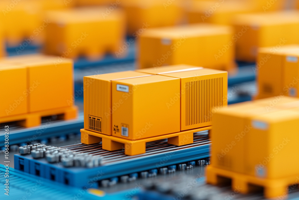 Poster automated distribution center with orange storage containers on conveyor. efficient layout showcases