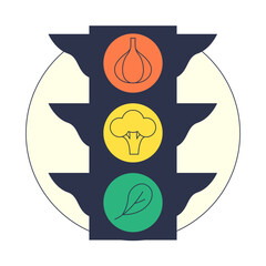 Traffic light with onion, broccoli, and leaf symbols, representing food choices.