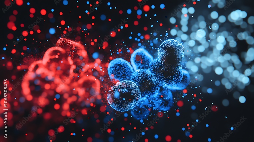 Poster abstract representation of particles in red and blue, illustrating scientific concepts.