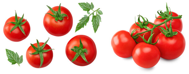 tomatoes with green leaves isolated on white background. clipping path