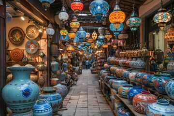 Fototapeta premium Vibrant alley filled with colorful lanterns and pottery in a bustling marketplace during the evening in a historic town