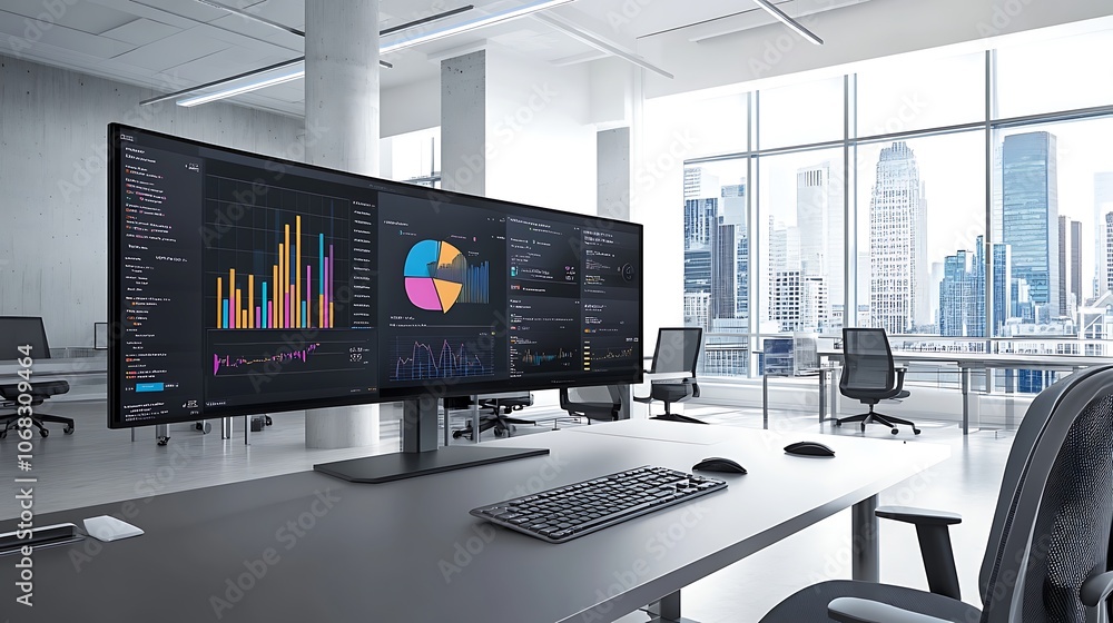 Poster A Modern Office Workspace with City Skyline View and Data Analytics Displayed on Multiple Monitors