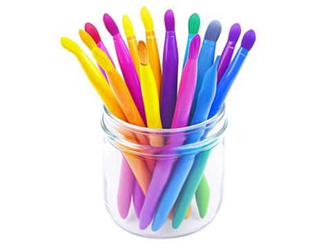 a jar of multicolored brushes