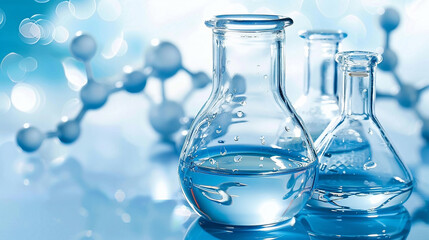 Three glass beakers filled with clear liquid in front of a blurred blue background with a chemical structure.