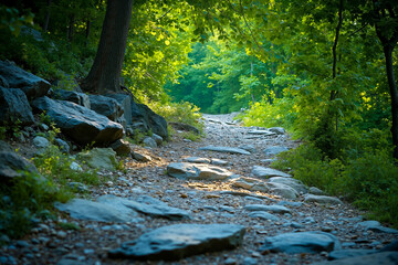 Obraz premium A rocky path in the middle of a wooded area surrounded by trees