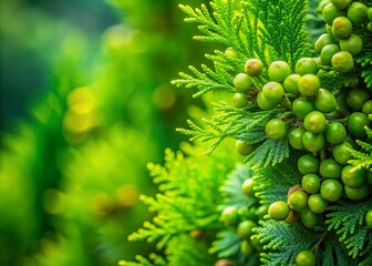 Close-Up of a Green Thuja Tree with Young Fruits on the Left Side, Showcasing Vibrant Foliage and Detailed Texture Against a Soft Focus Background for Nature Photography