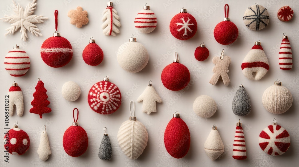 Fototapete muted red and white scandinavian holiday ornaments made from felt and wood, arranged in a simple pat