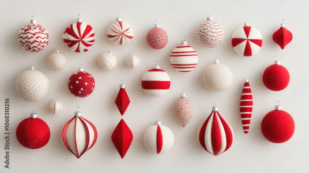 Fototapete muted red and white scandinavian holiday ornaments made from felt and wood, arranged in a simple pat