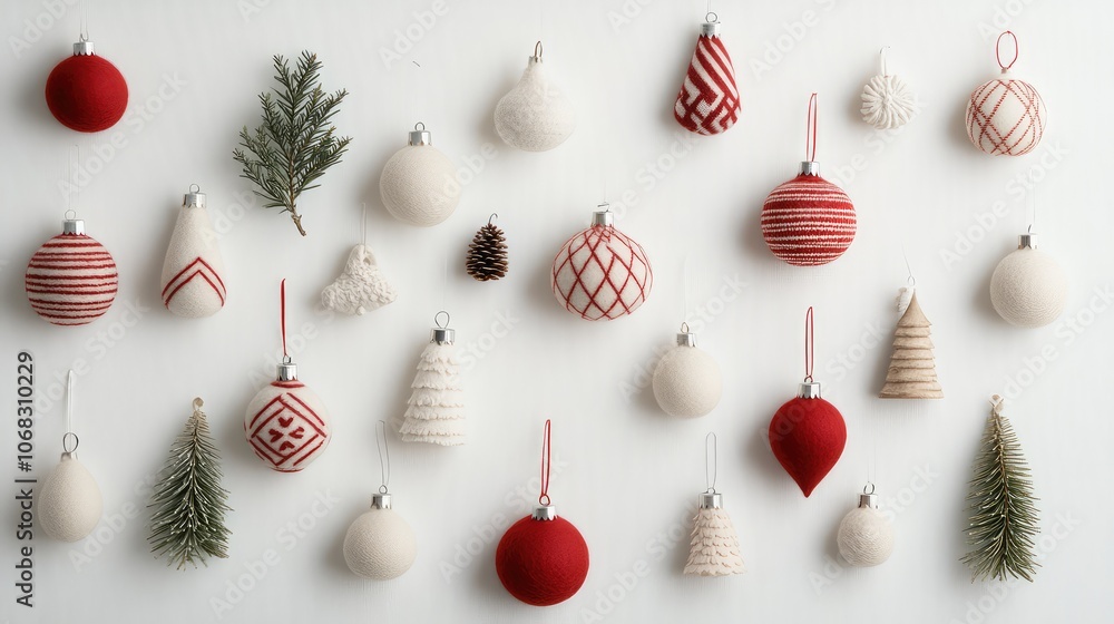 Fototapete muted red and white scandinavian holiday ornaments made from felt and wood, arranged in a simple pat