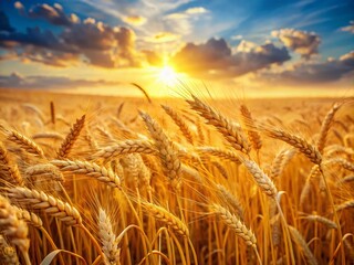 Closeup of a Lush Golden Wheat Field Swaying in Warm Autumn Sunlight, Capturing the Essence of Rural Serenity with Ethereal Glow and Soft Focus in Scenic Landscape