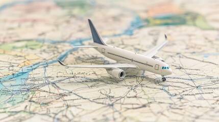 Naklejka premium A model airplane placed on a detailed map, symbolizing travel and exploration.
