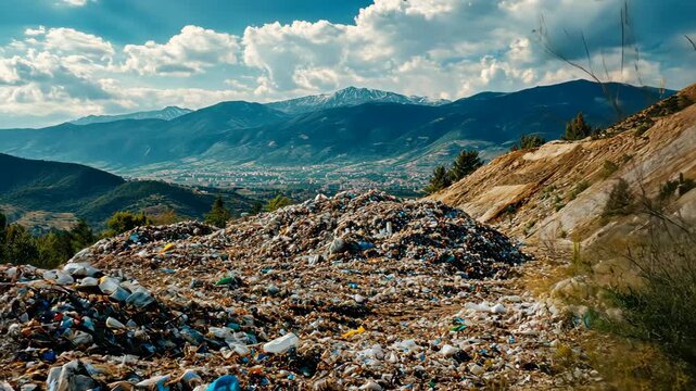 A large pile of garbage sits in front of a scenic mountain range