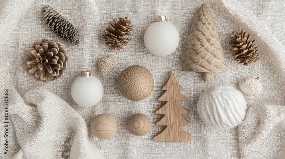 Fototapete soft white and wooden christmas ornaments arranged in a flat lay on a linen fabric for a simple scan