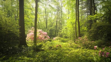 Fototapeta premium Enchanting Spring Forest Landscape: Vibrant Blossoms and Lush Greenery in a Celebration of Renewal and Nature Preservation