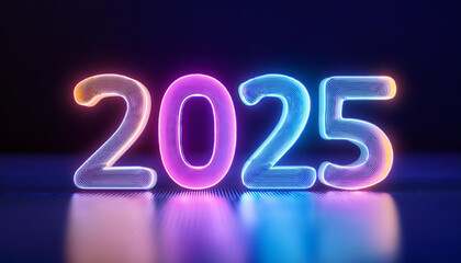 Neon glowing number 2025 on dark background. New Year. 3D rendering.