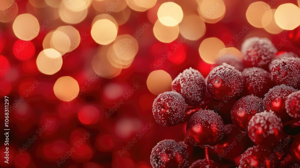 Fototapete abstract view of vibrant red berries covered in frost, with holiday bokeh lights softly glowing in t