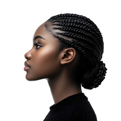 Side view portrait of young black woman with intricate braids on transparent background, isolated profile shot showcasing beauty, elegance, and detailed hairstyle