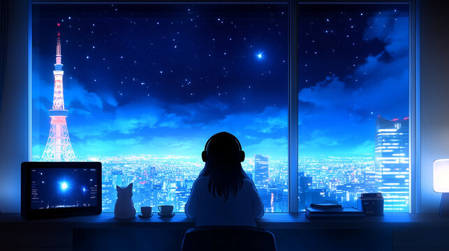 lofi firl and her cat watching city by night