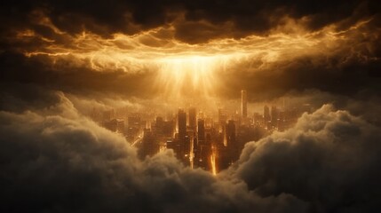 Fototapeta premium Illuminated cityscape emerging from dark clouds a dramatic vision of urban resilience and hope