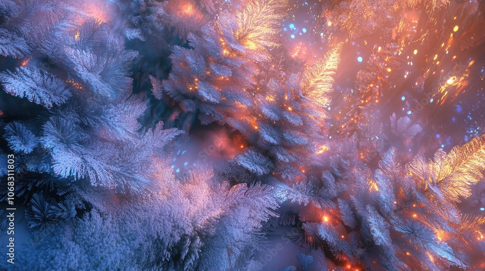 Fototapete frost-covered plants with hints of holiday lights, creating an abstract view of winter in nature.