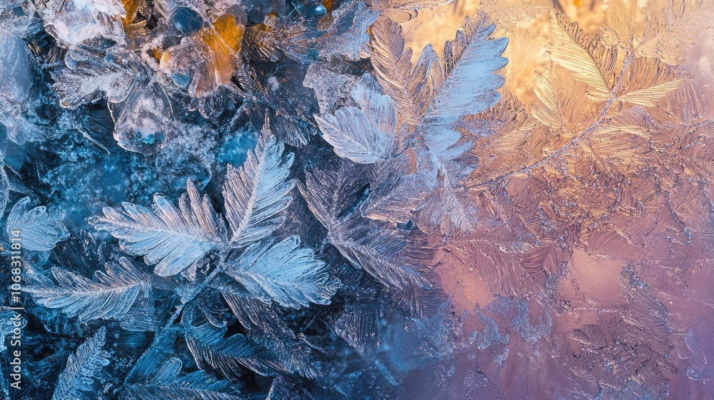 Fototapete frost-covered plants with hints of holiday lights, creating an abstract view of winter in nature.