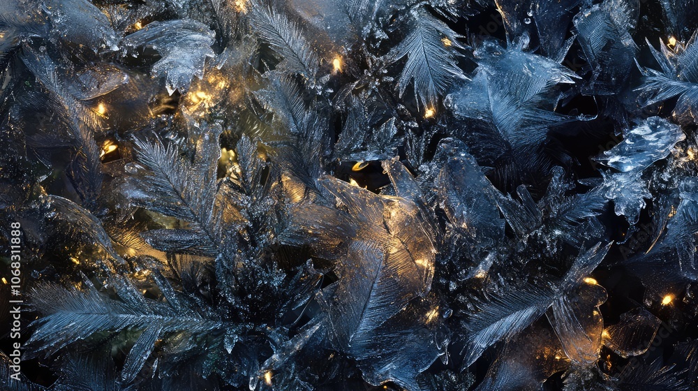 Fototapete frost-covered plants with hints of holiday lights, creating an abstract view of winter in nature.