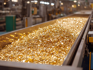 Rubber Conveyor Belt Carrying Gold Flakes | Mining Industry, Precious Metal Extraction, Industrial Equipment, Gold Processing, Efficiency in Production
