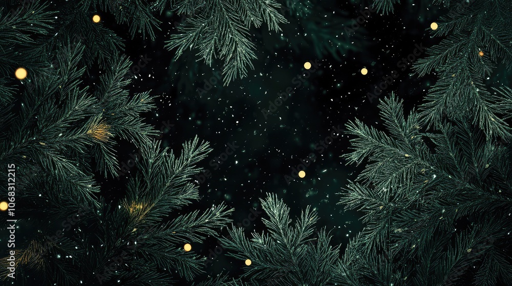 Fototapete minimalist view of soft snowfall on evergreen branches, with abstract glowing lights scattered throu