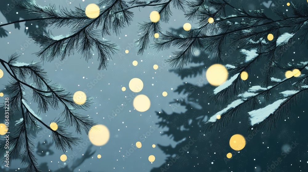 Fototapete minimalist view of soft snowfall on evergreen branches, with abstract glowing lights scattered throu