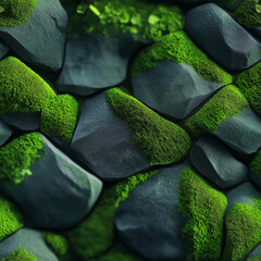 Close-up of moss growing on dark gray rocks, creating a vibrant green texture.