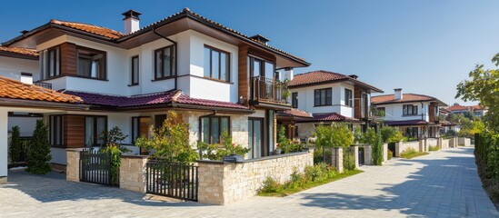 Fototapeta premium Coastal homes with plum roof tiles, residential feel, scenic.