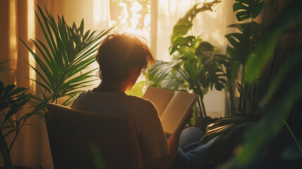 Young Man Reading a Book in a Cozy Green Home with Natural Sunlight