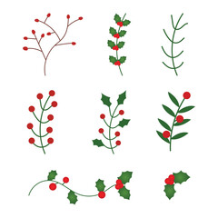 Christmas cherry vector illustrations icon set. Christmas cherry tree leaves and red cherry