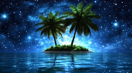 Tropical Island Night Sky with Palm Trees and Stars