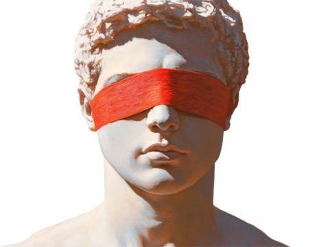 a statue of a man with a red band around his eyes