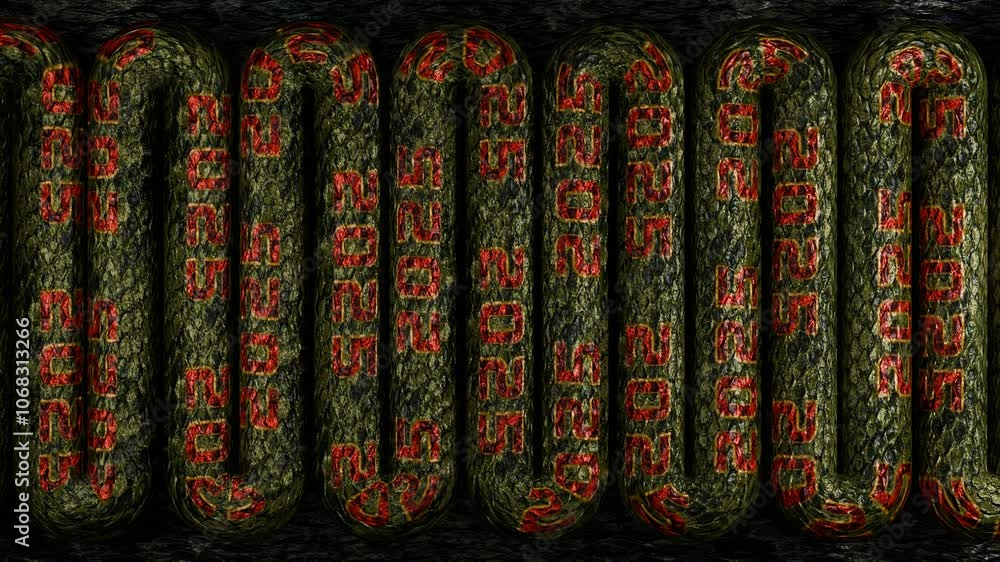 Poster a 3d loop animation showing the movement of a long snake body with the inscription 2025. the idea of