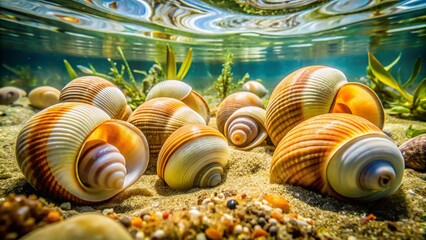 Close-Up of Geoducks in Their Natural Habitat Underwater, Showcasing Intricate Textures and Unique Shapes of these Bivalve Mollusks in Crystal Clear Water