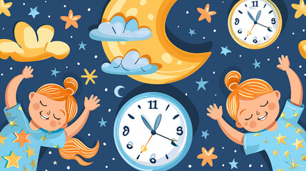 Two happy children sleep under a crescent moon and stars with clocks at 1100 pm.