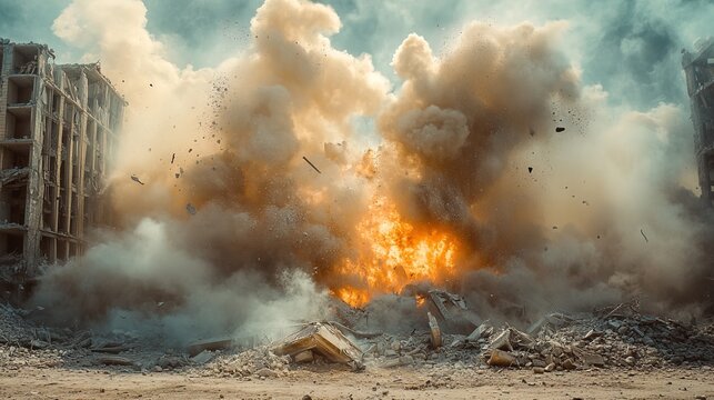 Destruction scene with building debris and dust cloud from explosion