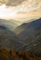 Obraz premium A stunning mountain range with trees creates a beautiful landscape