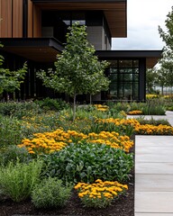 Carbon footprint and climate change lifestyle concept. A modern landscape features vibrant yellow flowers lush greenery and a contemporary building