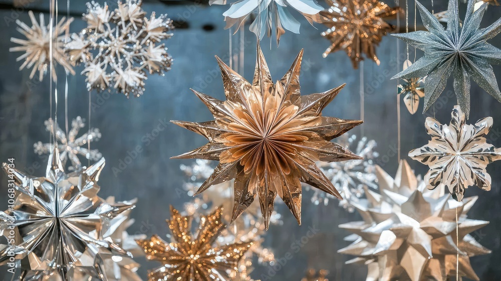 Sticker Art Deco snowflakes made from metallic paper, hanging from the ceiling in a glamorous holiday display.