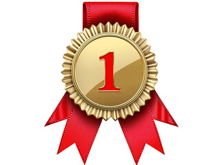 a gold medal with red ribbons