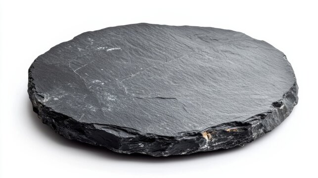 Round rustic black slate stone plate, isolated on white background