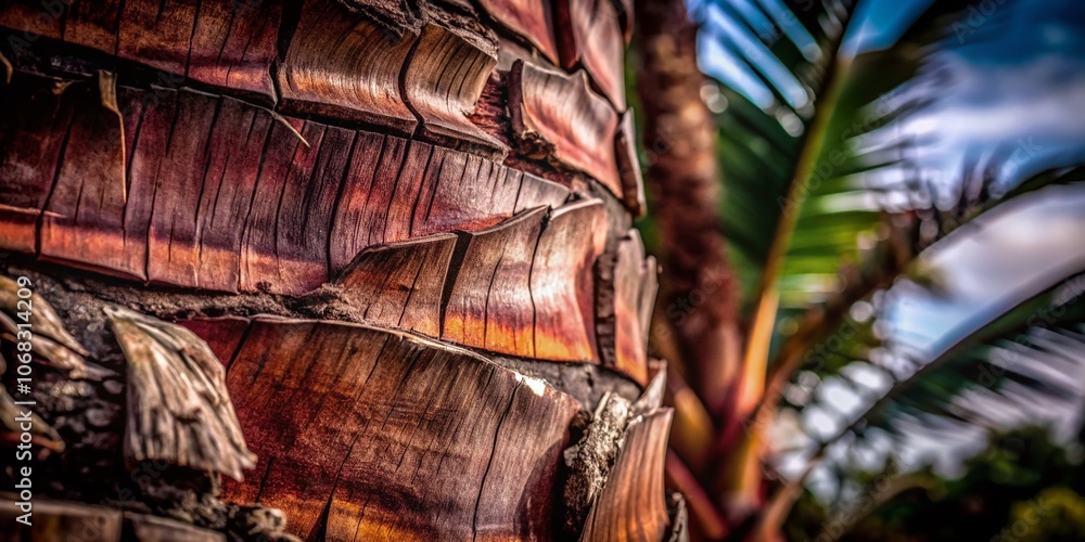 Poster close-up of peeling palm tree bark showcasing intricate textures and natural patterns in a vibrant t