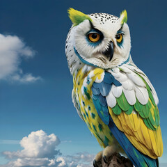 An unusual owl embodying parrot hues, adorned in vibrant green and blue feathers, a white face, and a yellow beak. It perches on a branch against a soft, azure-white sky, merging two bird species in a